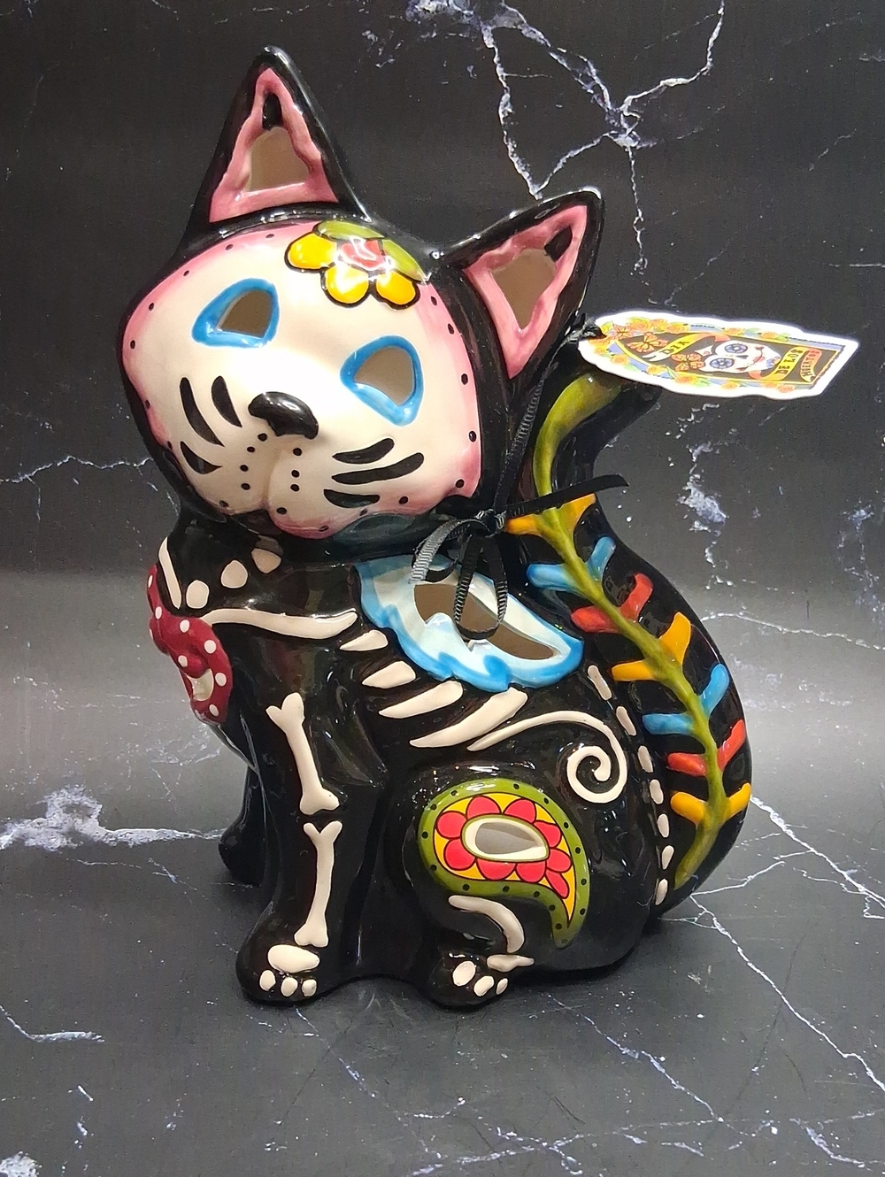 Blue Sky Clayworks 2017 Sugar Skull / Halloween CAT Ceramic Tealight Candle Hldr